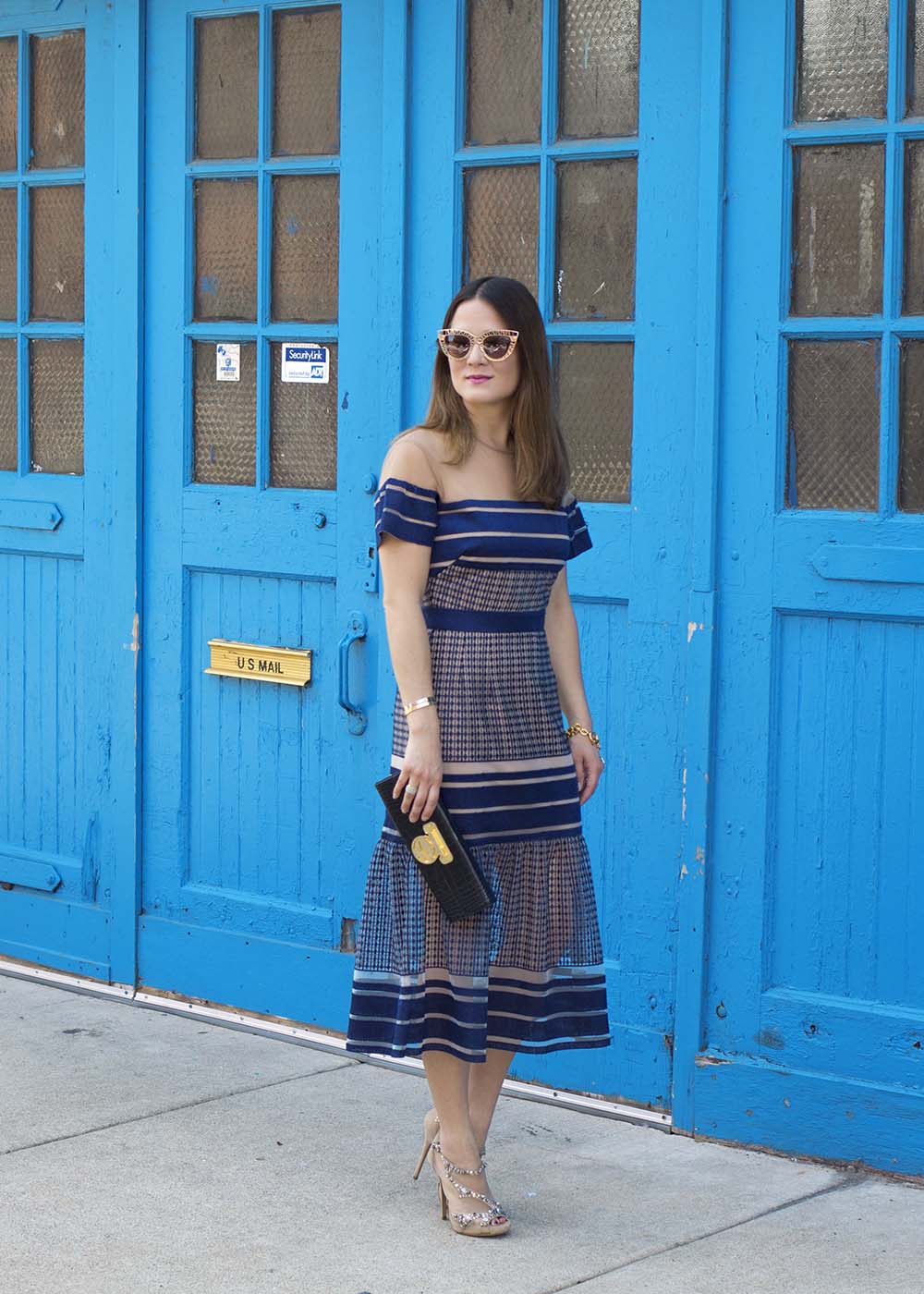 Self Portrait Navy Striped Midi Dress