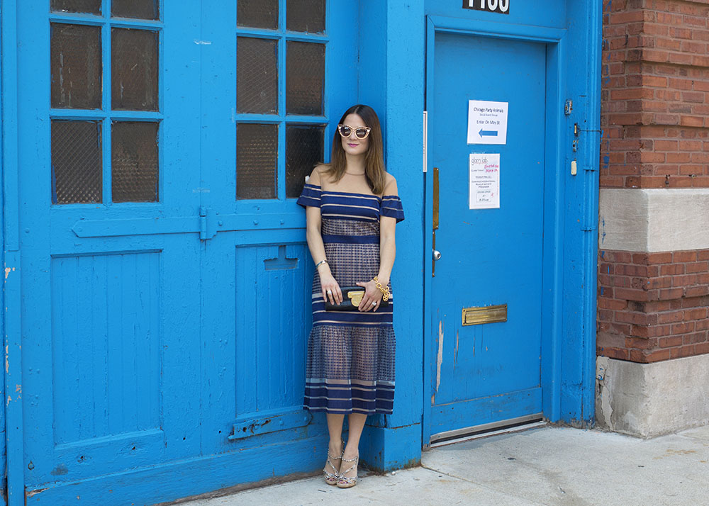 Self Portrait Navy Striped Midi Dress