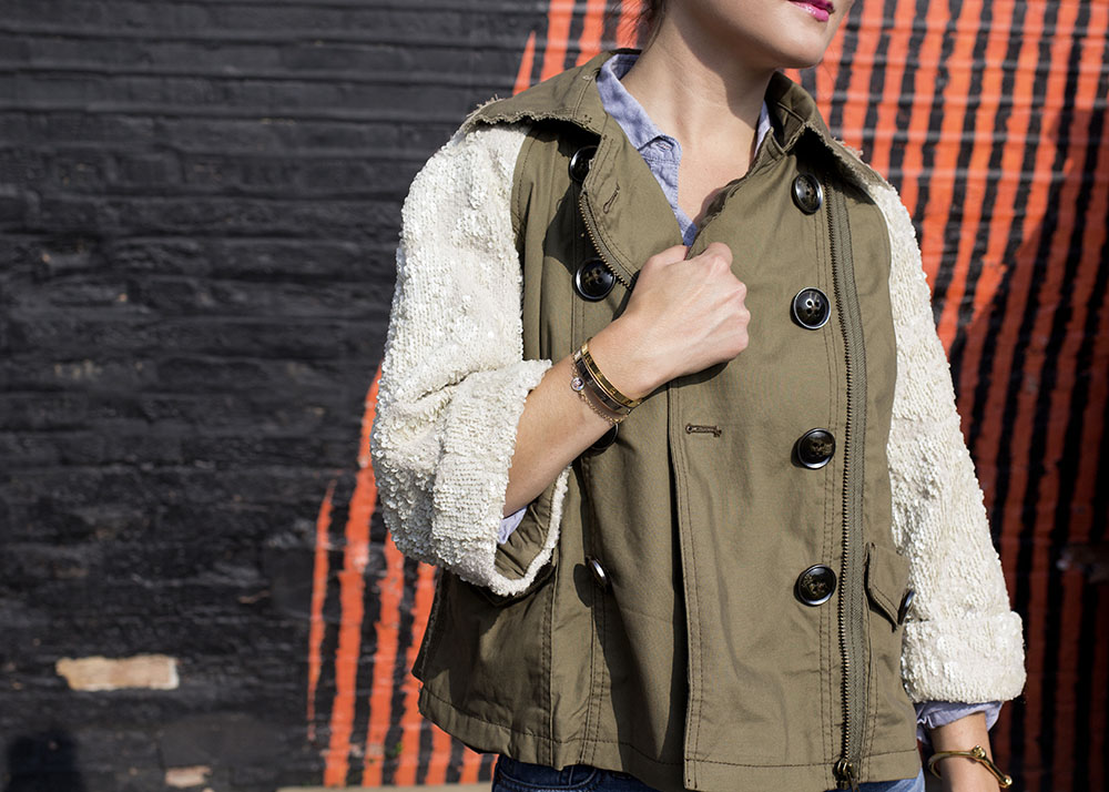 Sequin Sleeve Khaki Coat