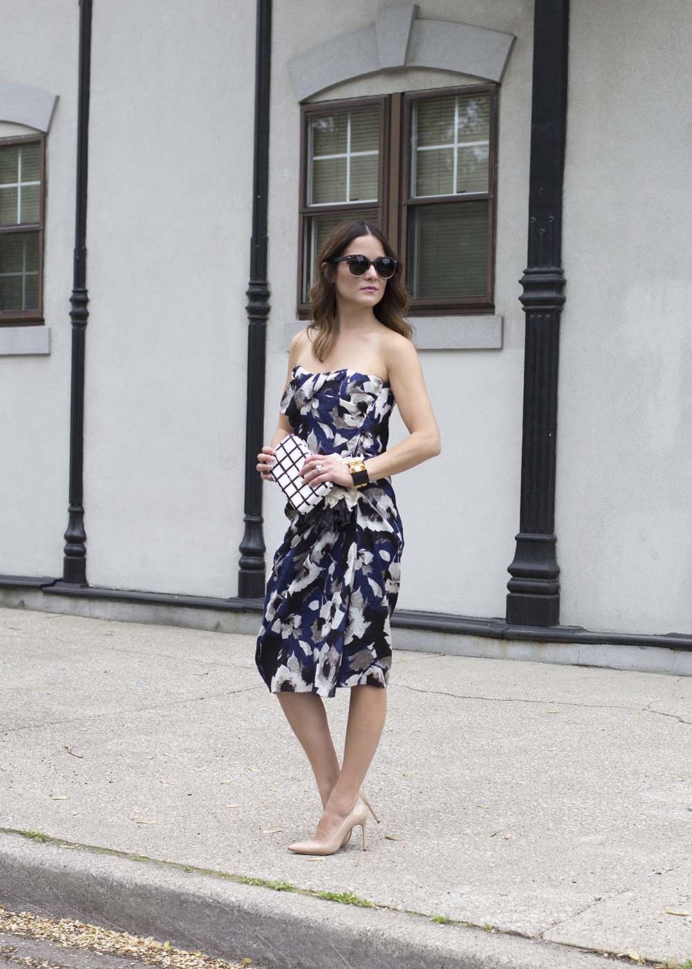 Blue Floral Strapless Dress