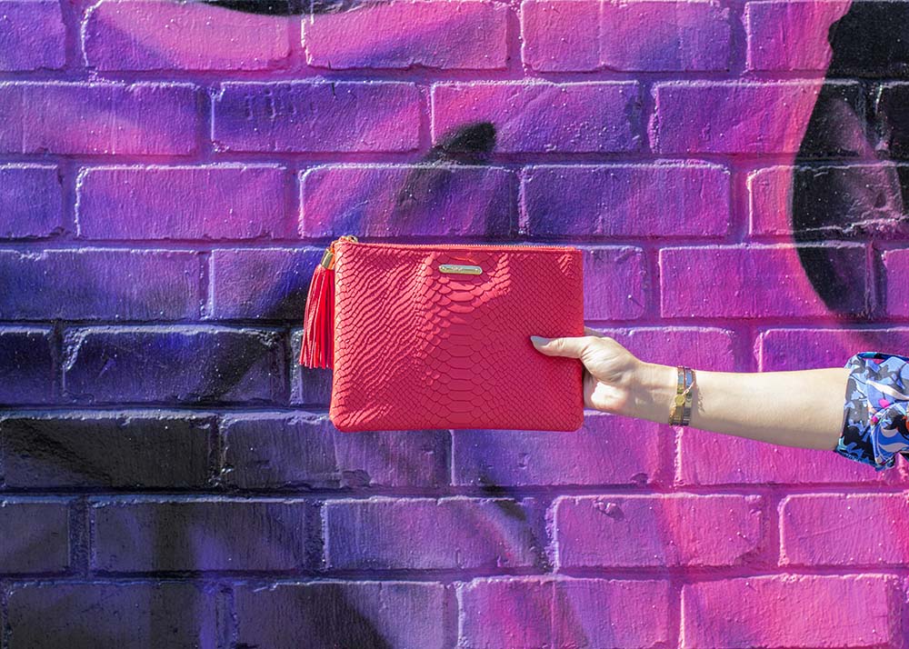 Embossed Pink Leather Clutch