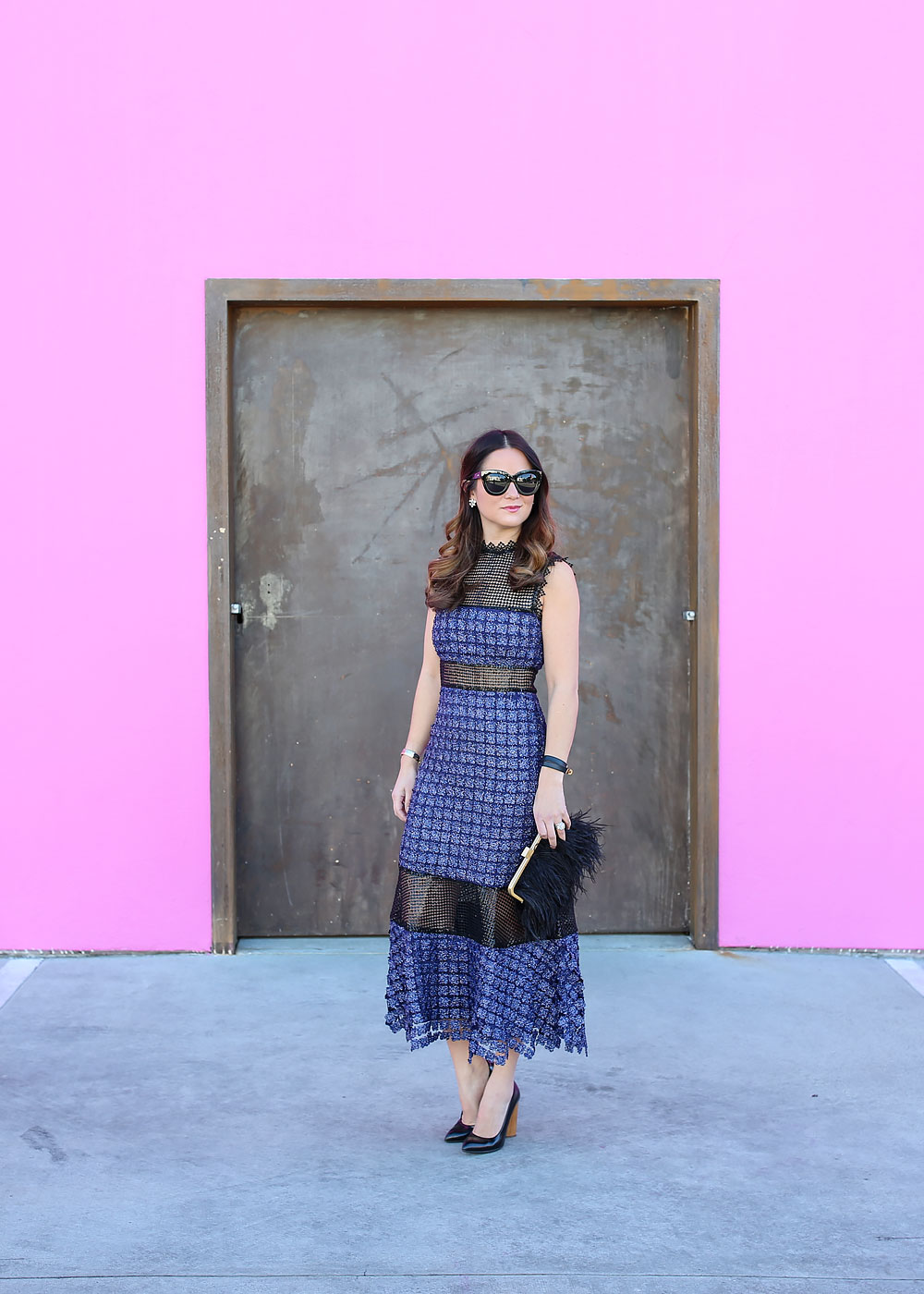 Blue Lace Black Mesh Dress