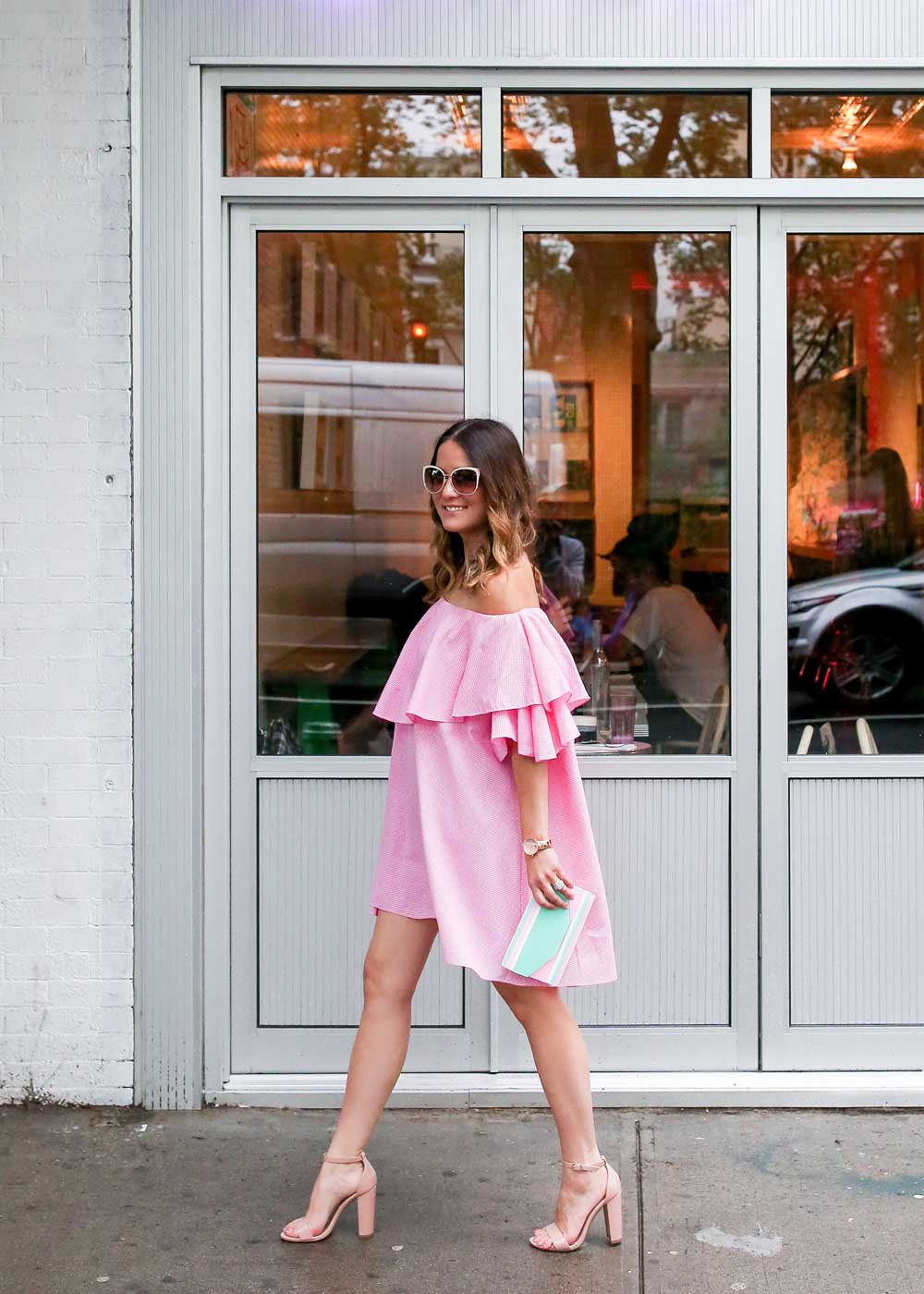 Pink Gingham Off the Shoulder Dress