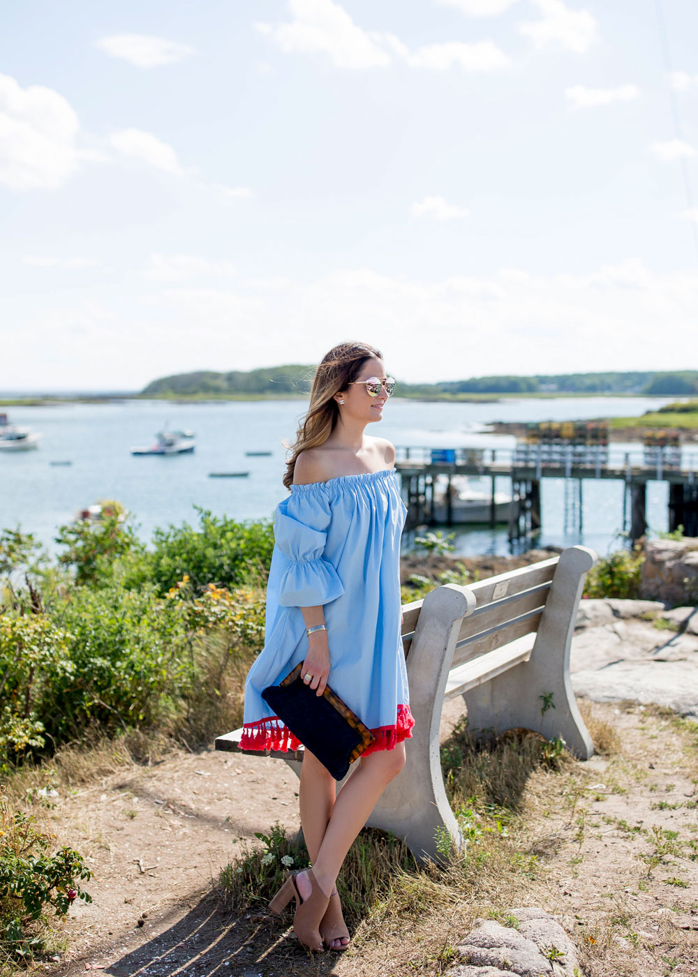 Blue Off Shoulder Fringe Dress