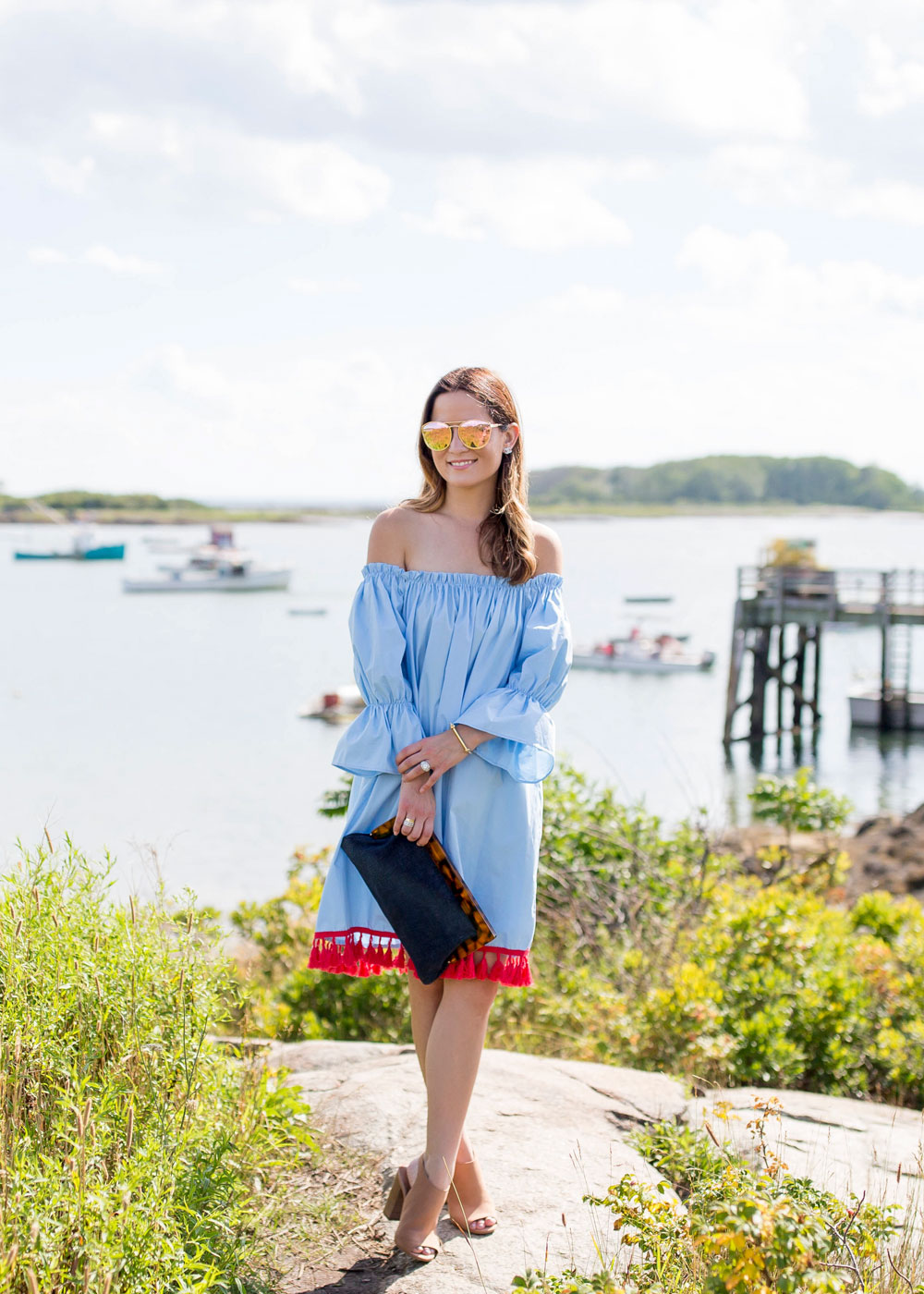 Blue Off Shoulder Fringe Dress