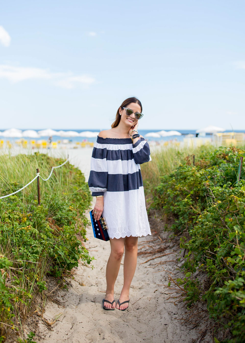 Navy White Stripe Off Shoulder Dress