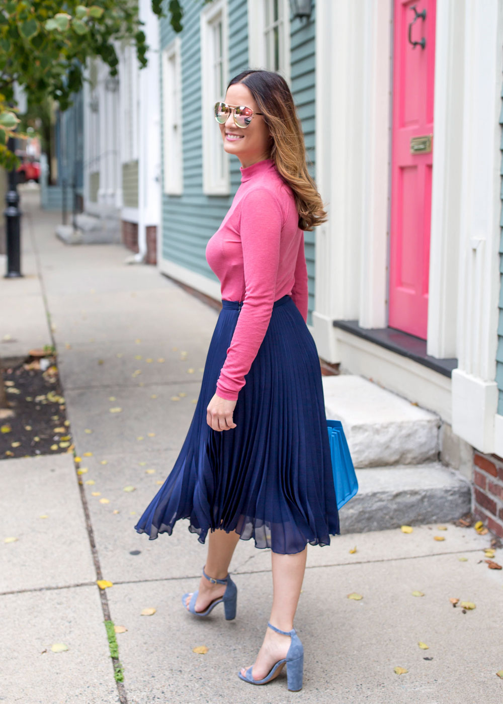 Navy Pleated Midi Skirt