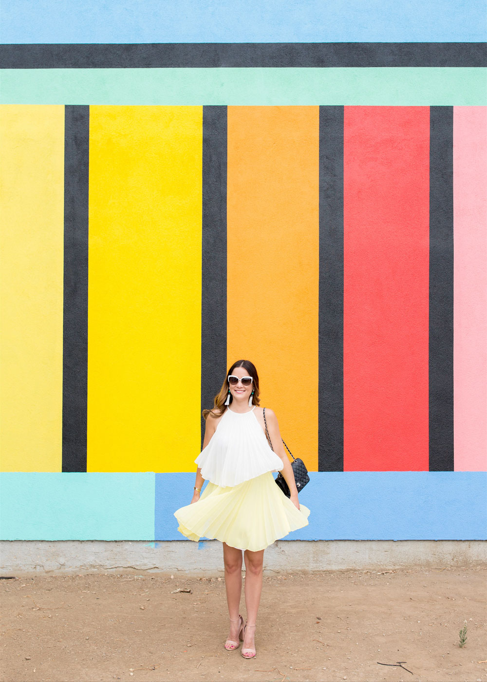 Yellow White Pleated Dress