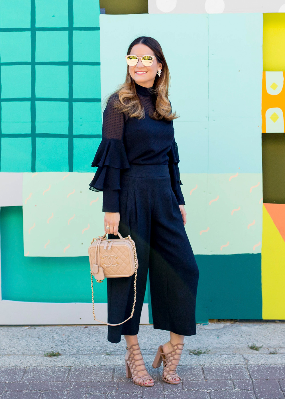 Navy Ruffle Sleeve Top