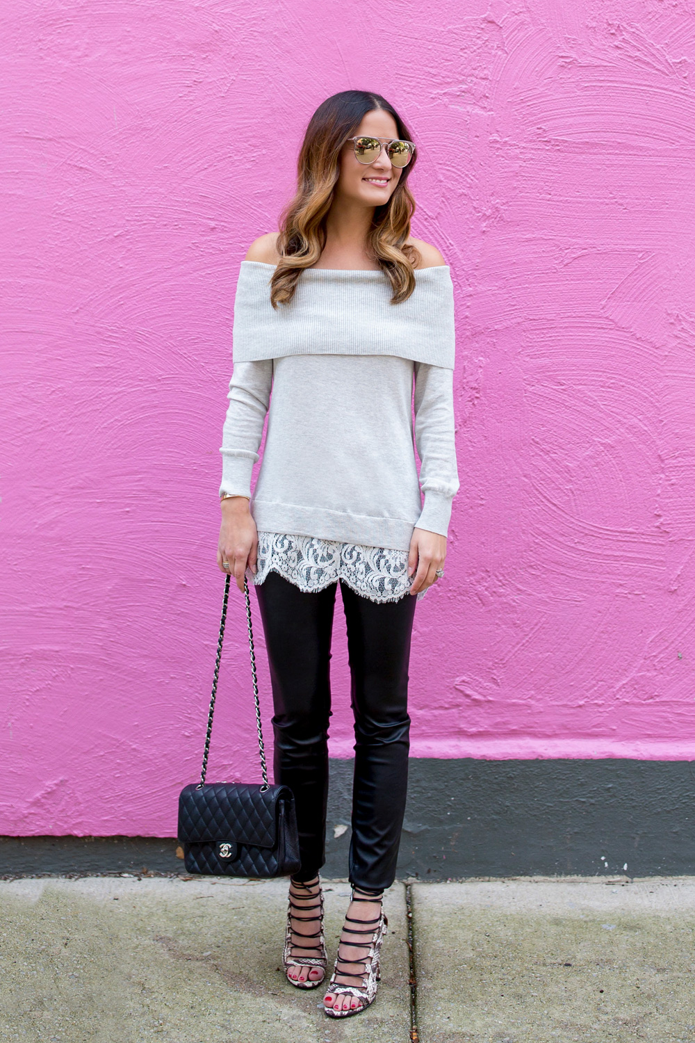 Grey Lace Off Shoulder Sweater