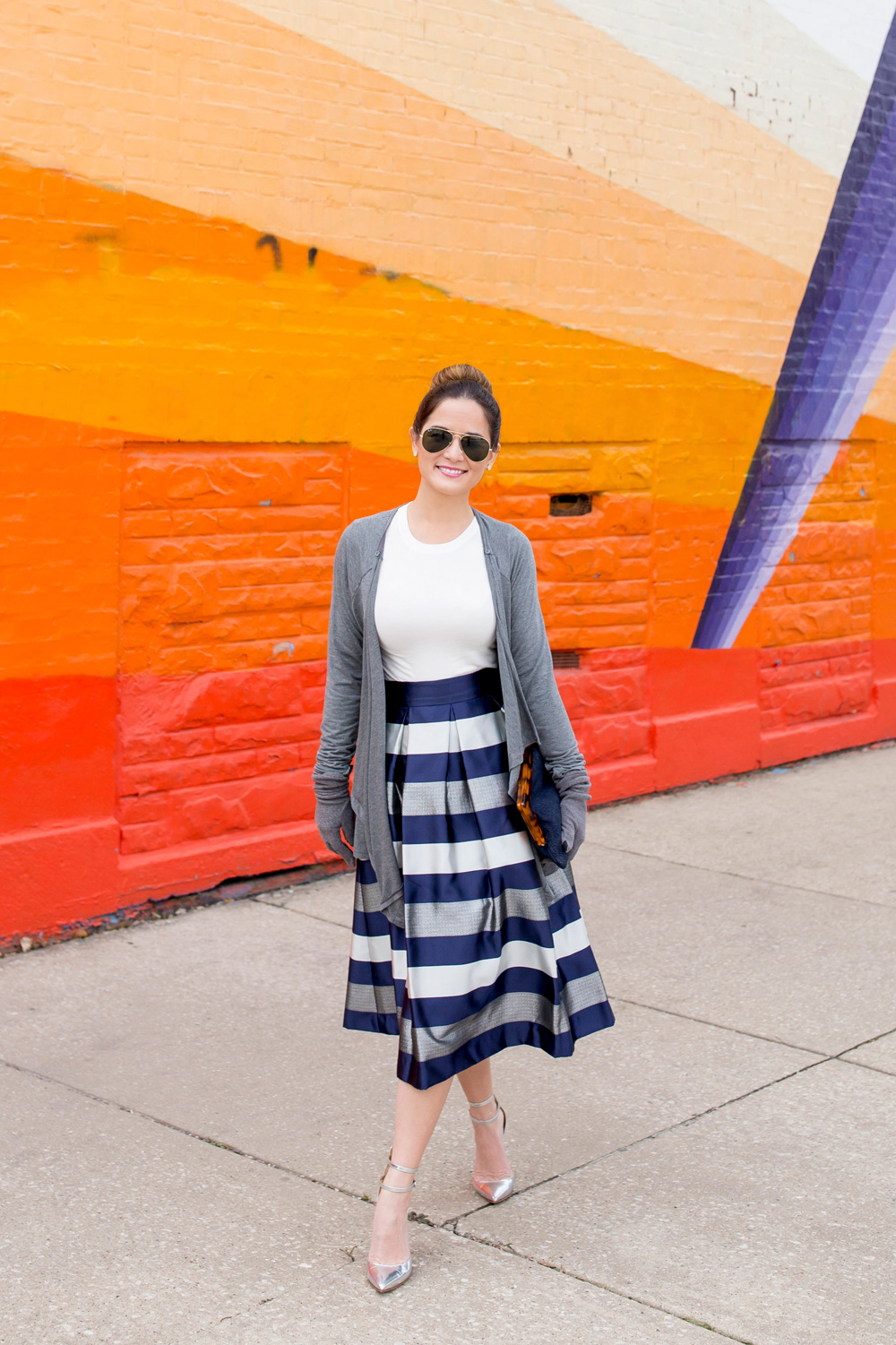 Navy Silver Stripe Midi Skirt