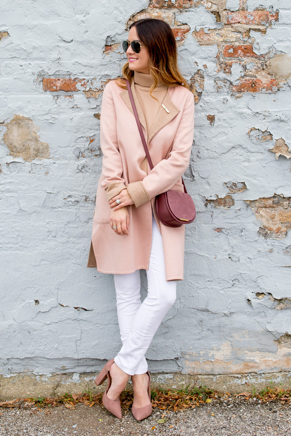 Jennifer Lake Style Charade in a Cuyana coat and Steve Madden Pamperd heels