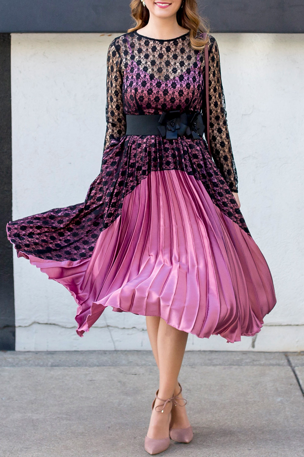 Lace and Satin Pleated Dress