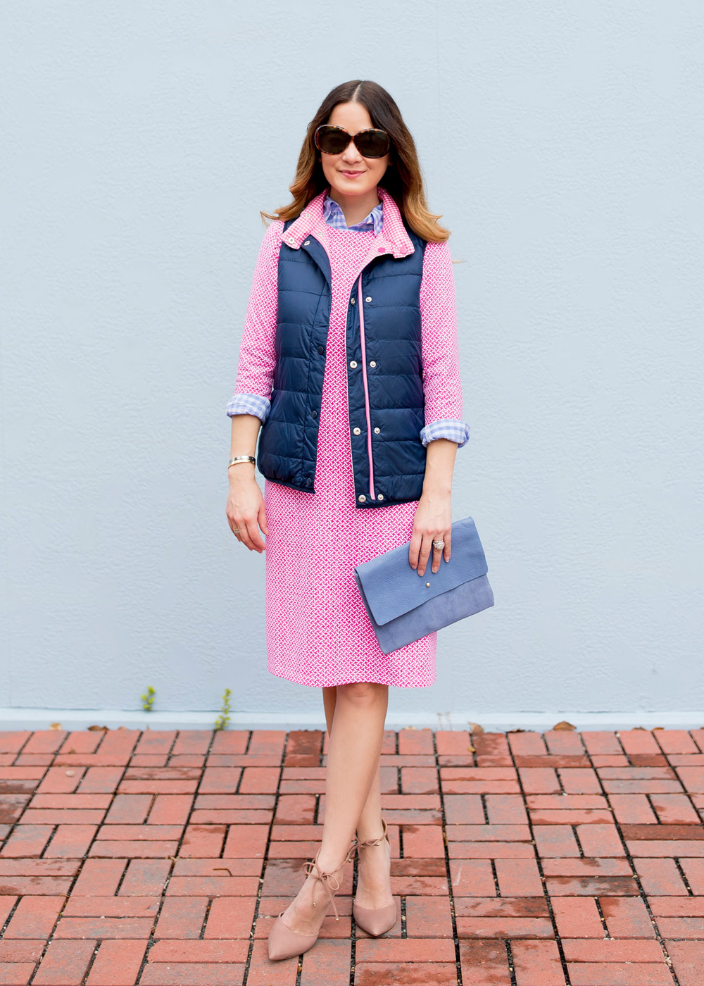 J McLaughlin Pink Dress Navy Vest