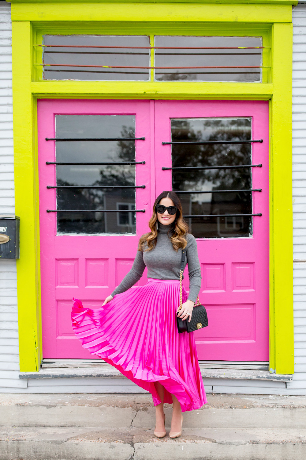 Pink Pleated Midi Skirt