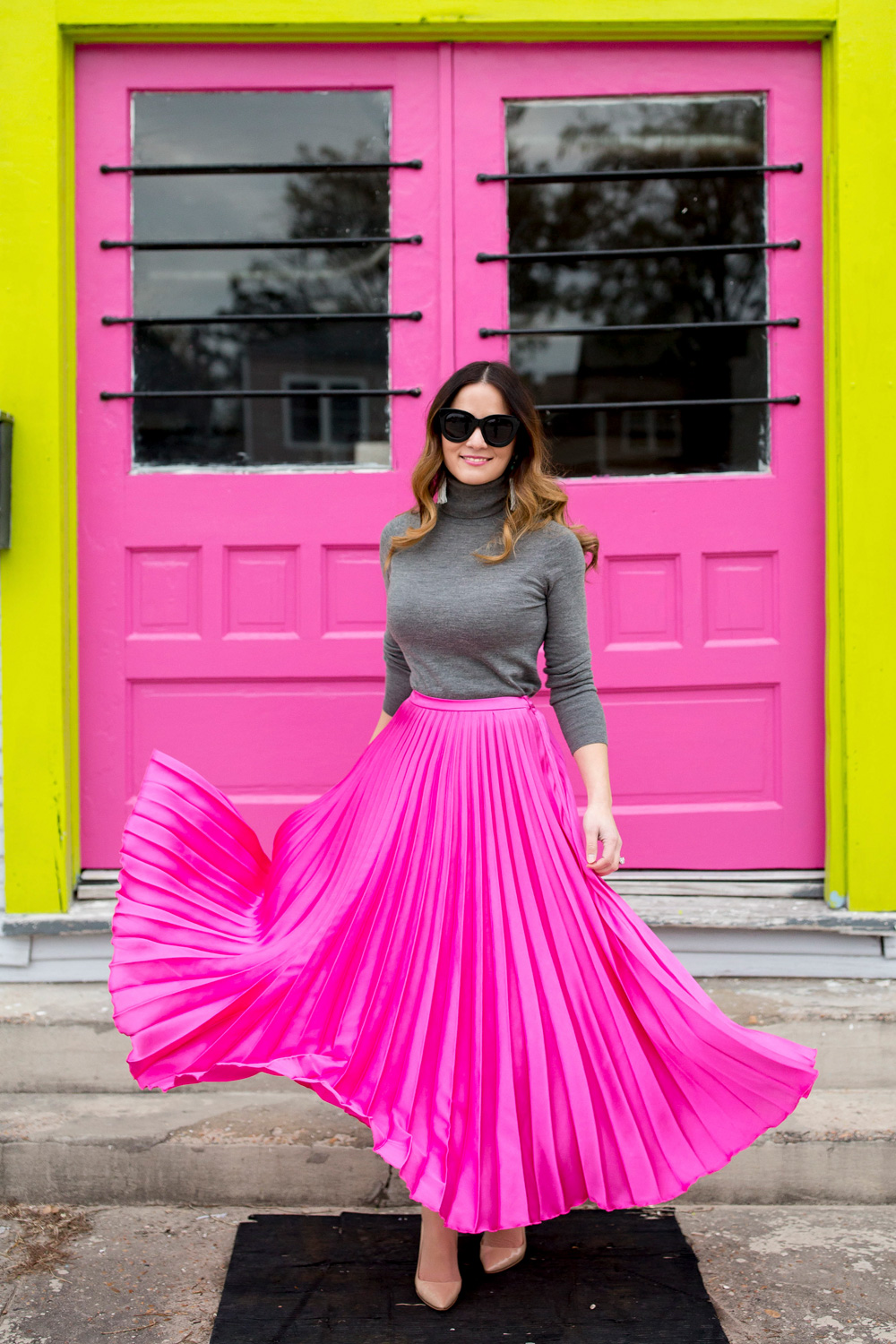 Pink Pleated Flare Skirt