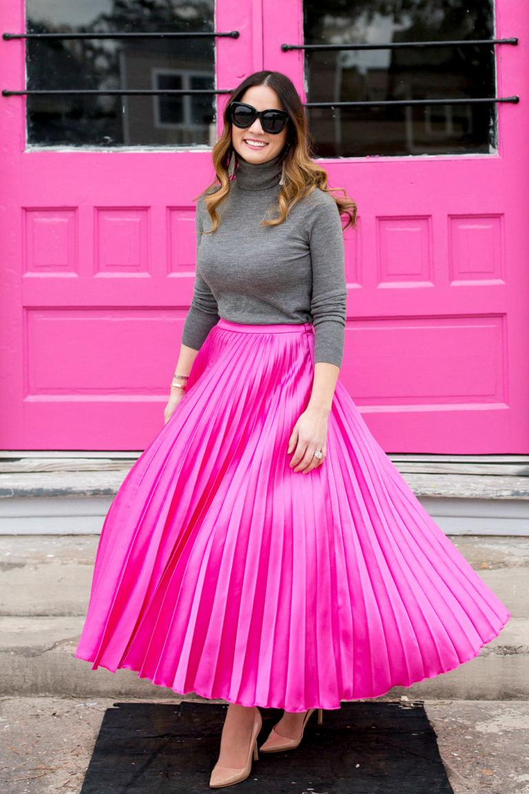 Pink Satin Pleated Midi Skirt