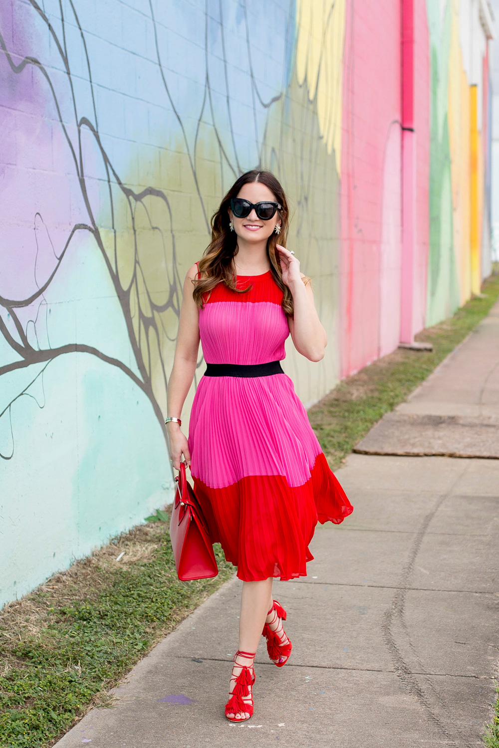 Pleated Red Pink Dress