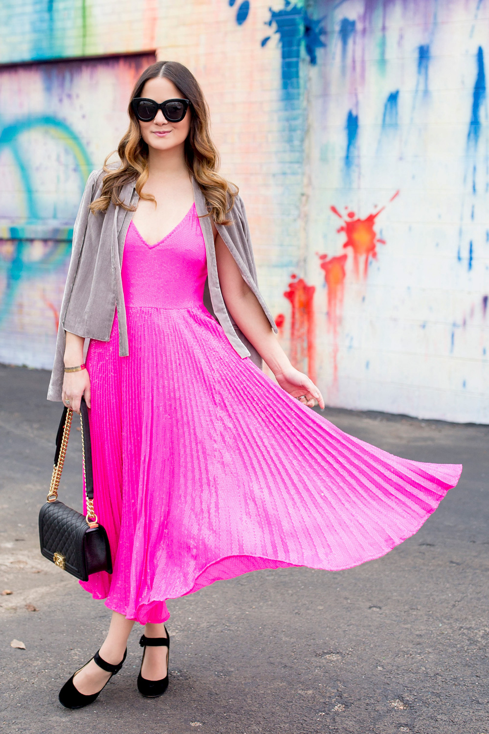 Pink Sequin Pleated Dress