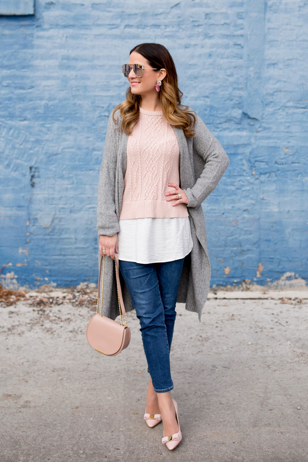 Pink Layered Cable Knit Sweater