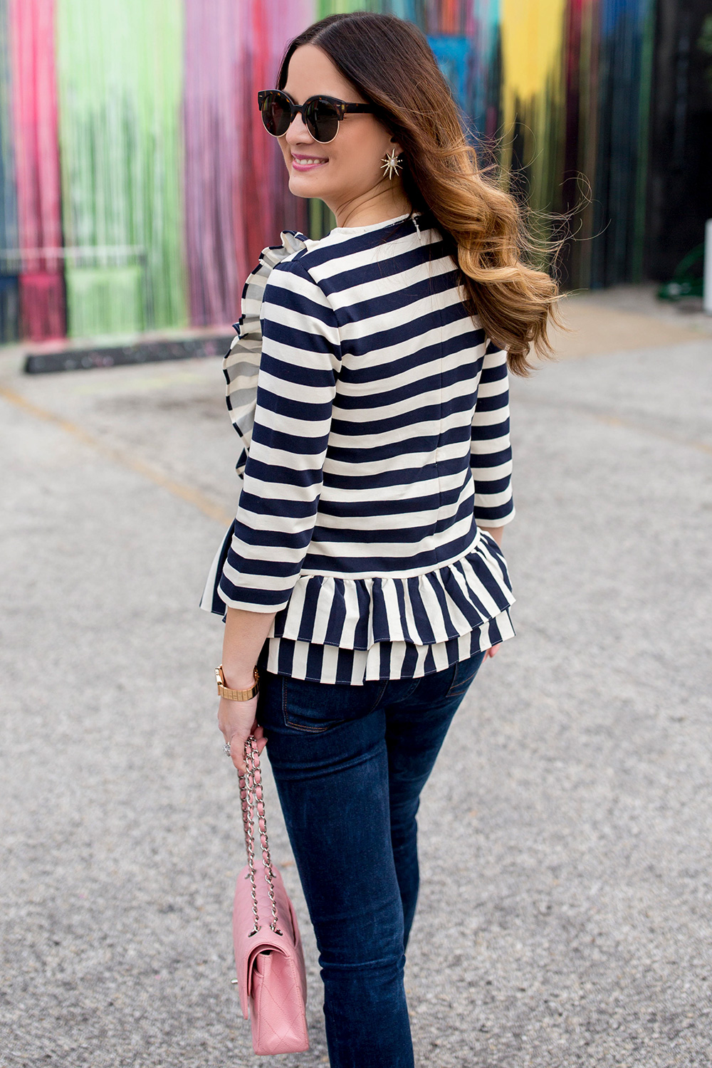 Navy White Striped Ruffle Top