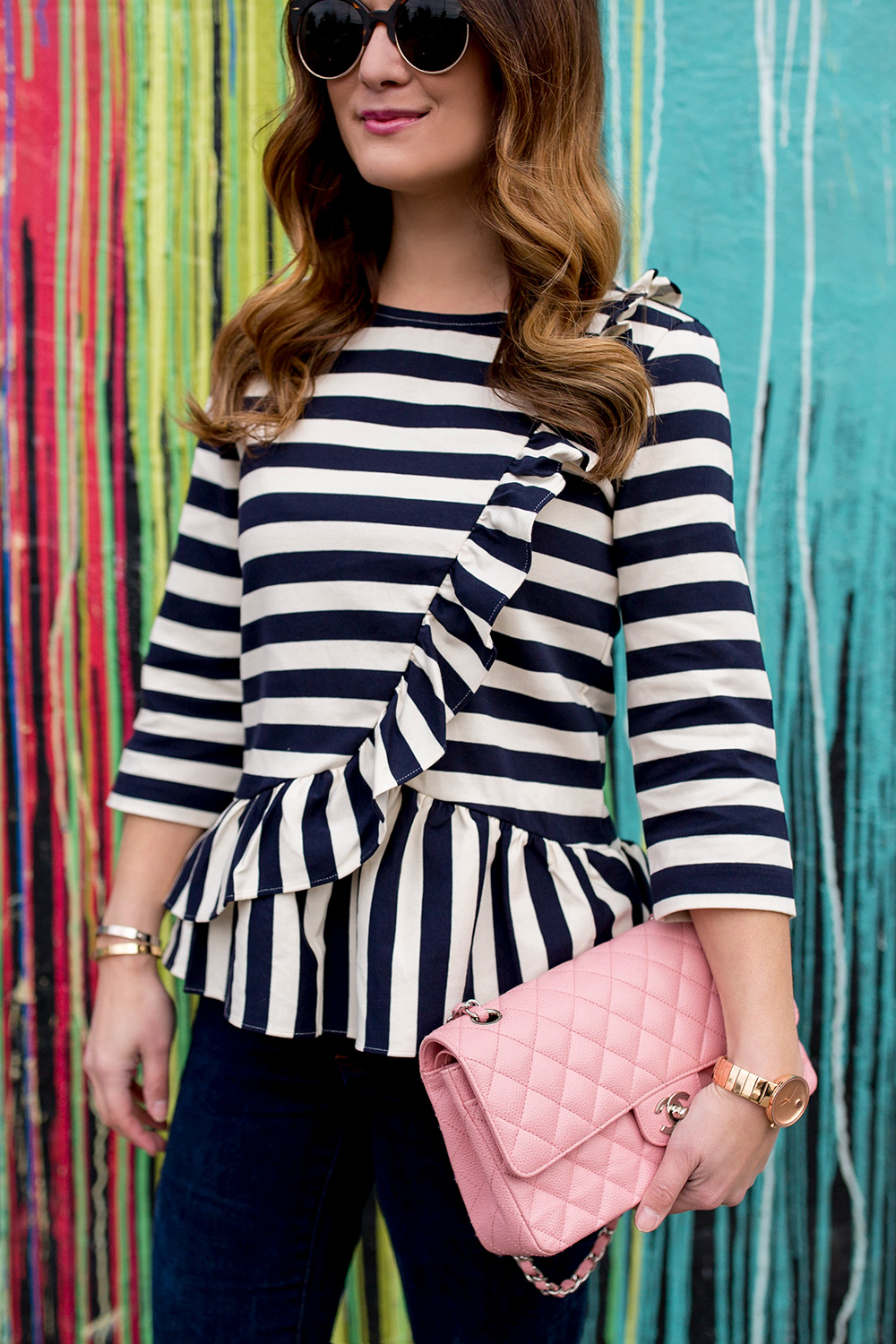 J. Crew Navy Striped Ruffle Top