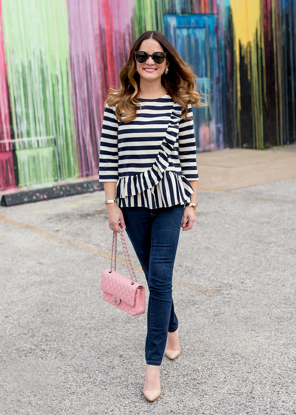 J. Crew Navy Striped Ruffle Top