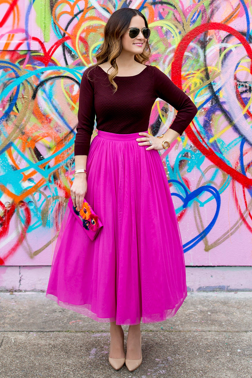 Bright Pink Tulle Midi Skirt