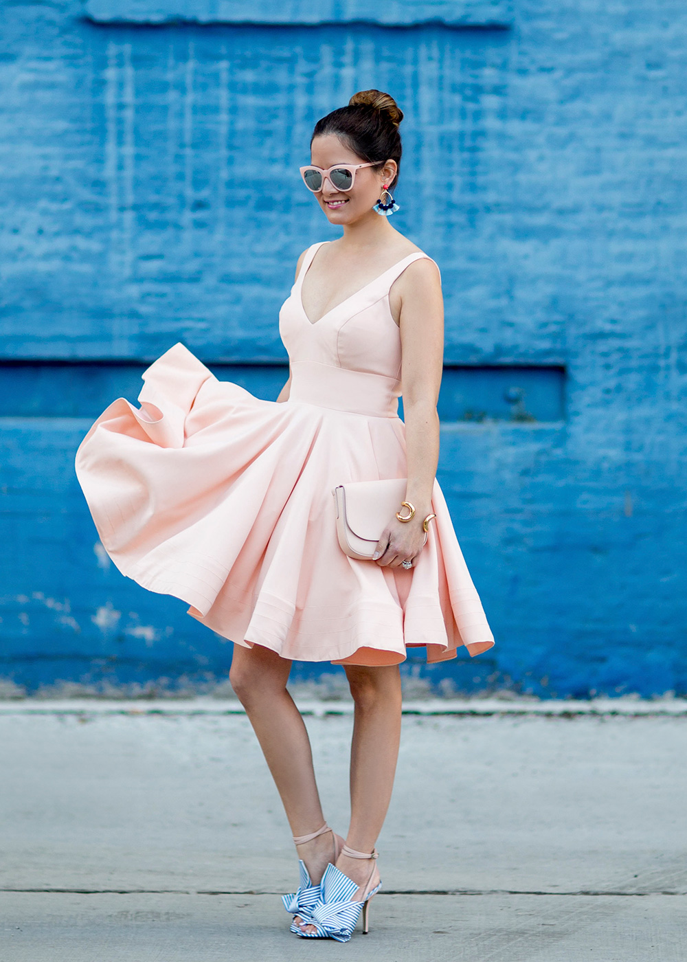 A Pink Fit and Flare Midi Dress at an Amazing Tile Mural - Style Charade