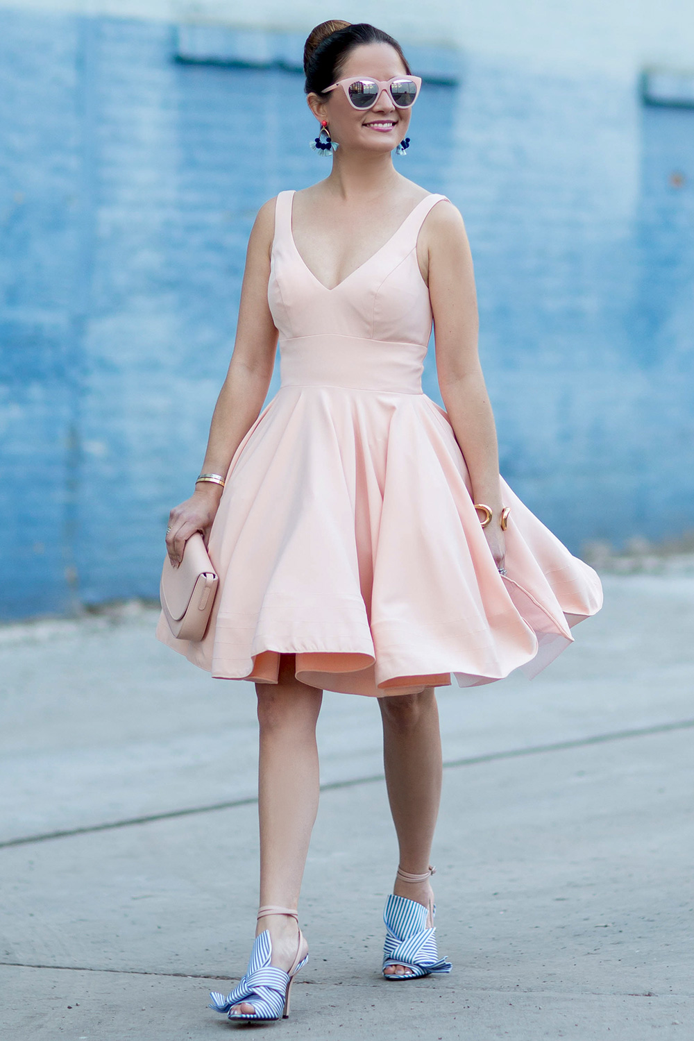 Pink V Neck Flare Dress