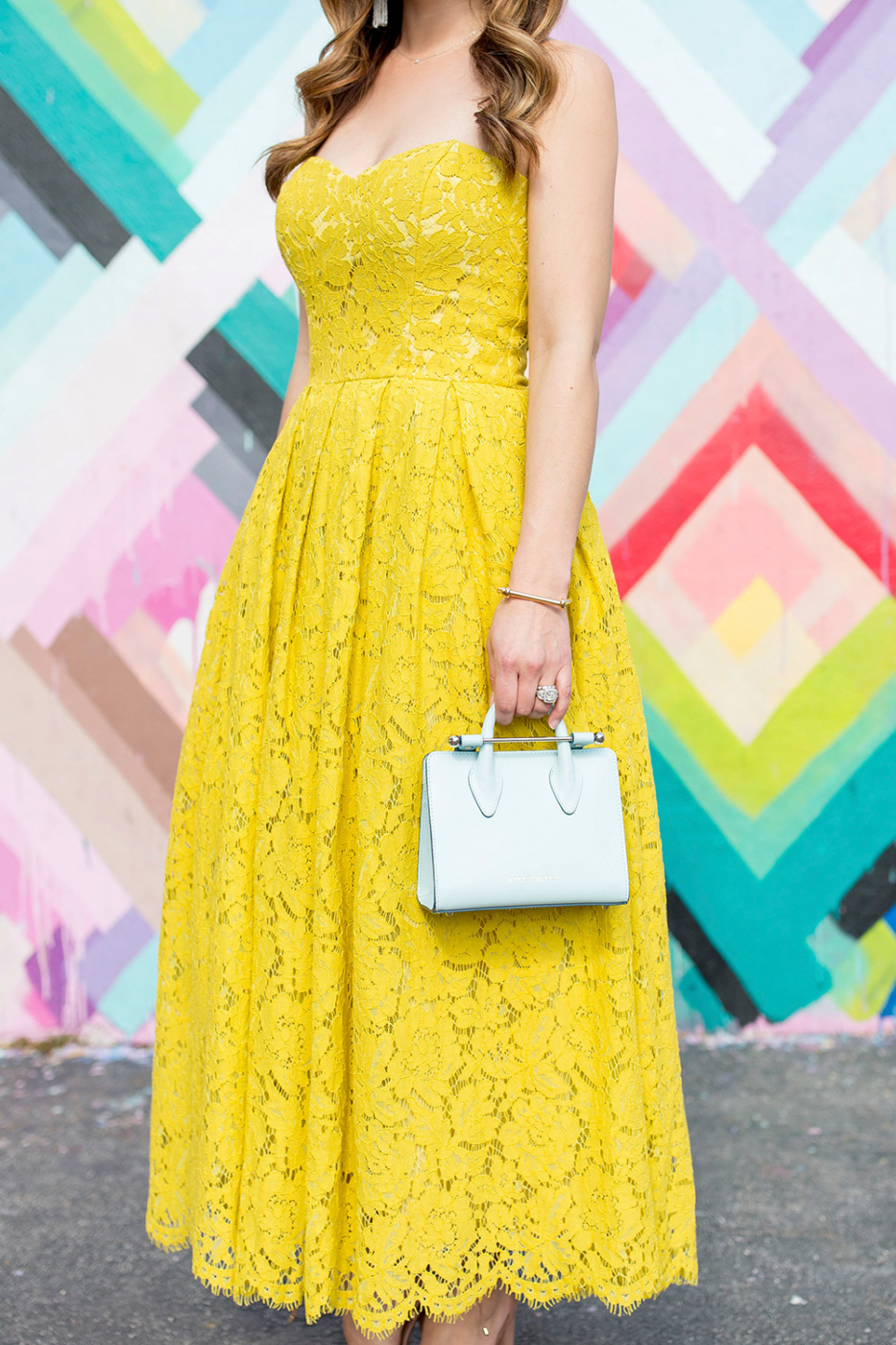 Sleeveless Midi Dress with Lace Panels - Yellow