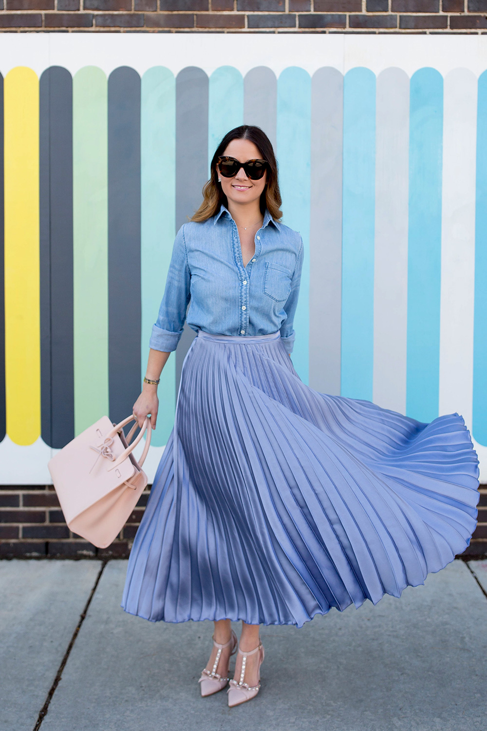 Blue Satin Pleated Skirt