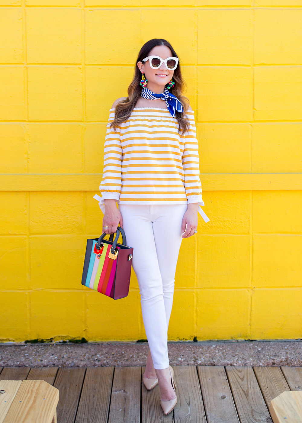 yellow striped off the shoulder top