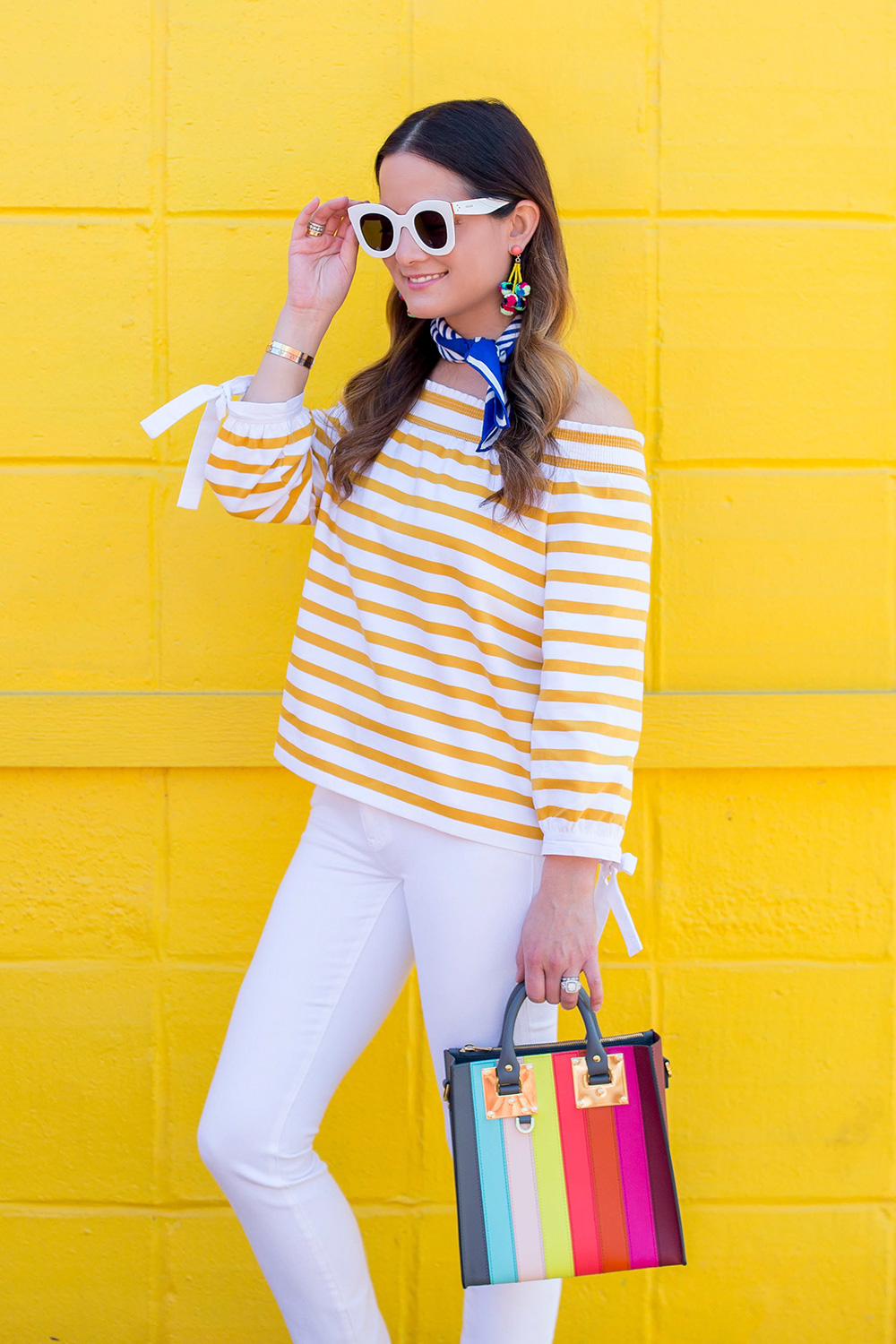 J Crew Yellow Stripe Off Shoulder Top