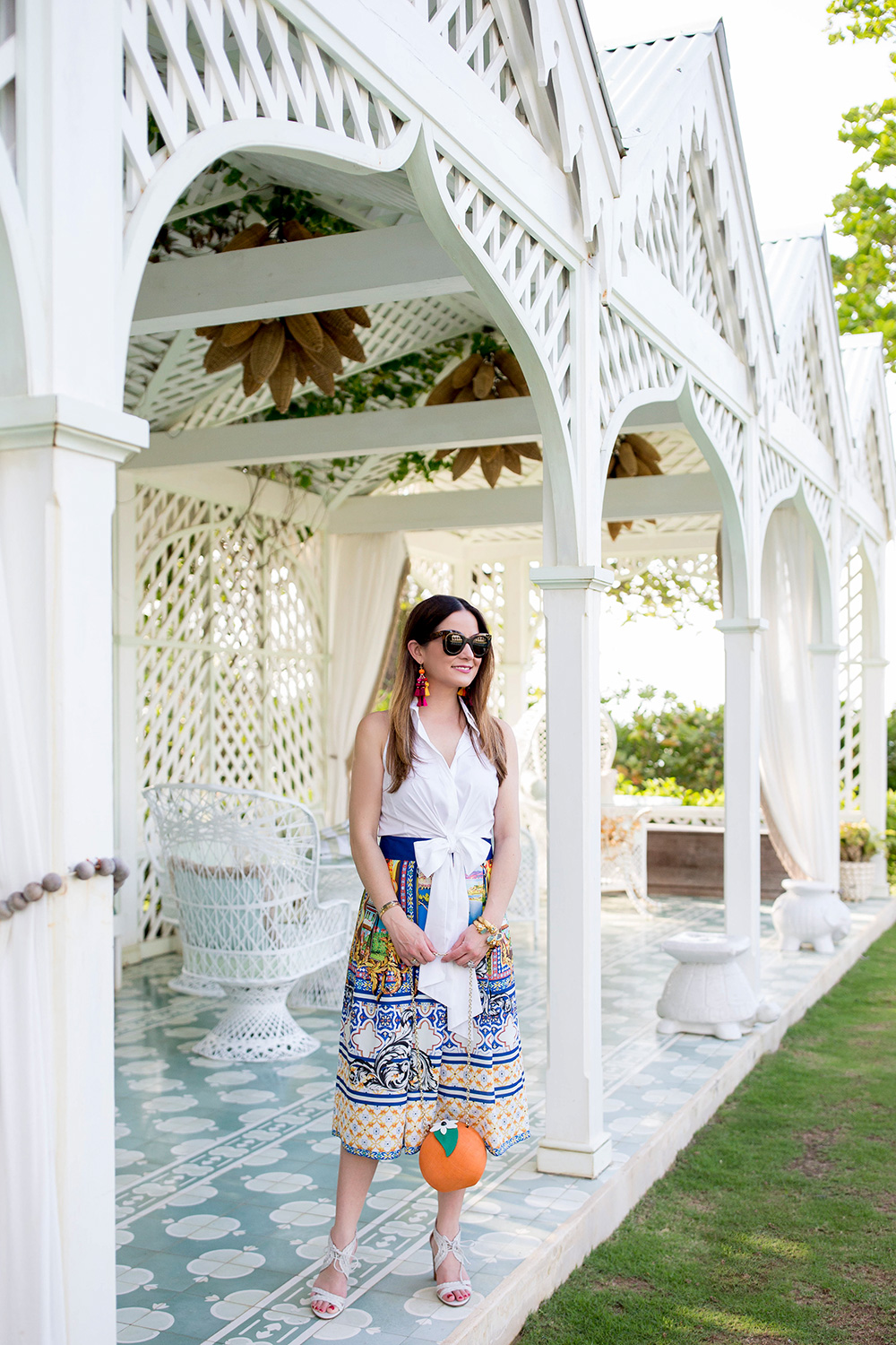 Blue Postcard Print Midi Skirt