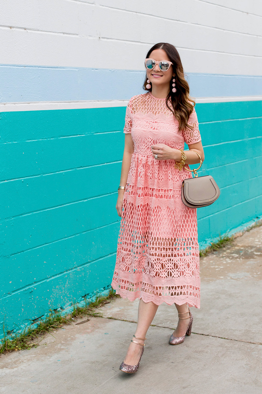 Boohoo Pink Lace Midi Dress