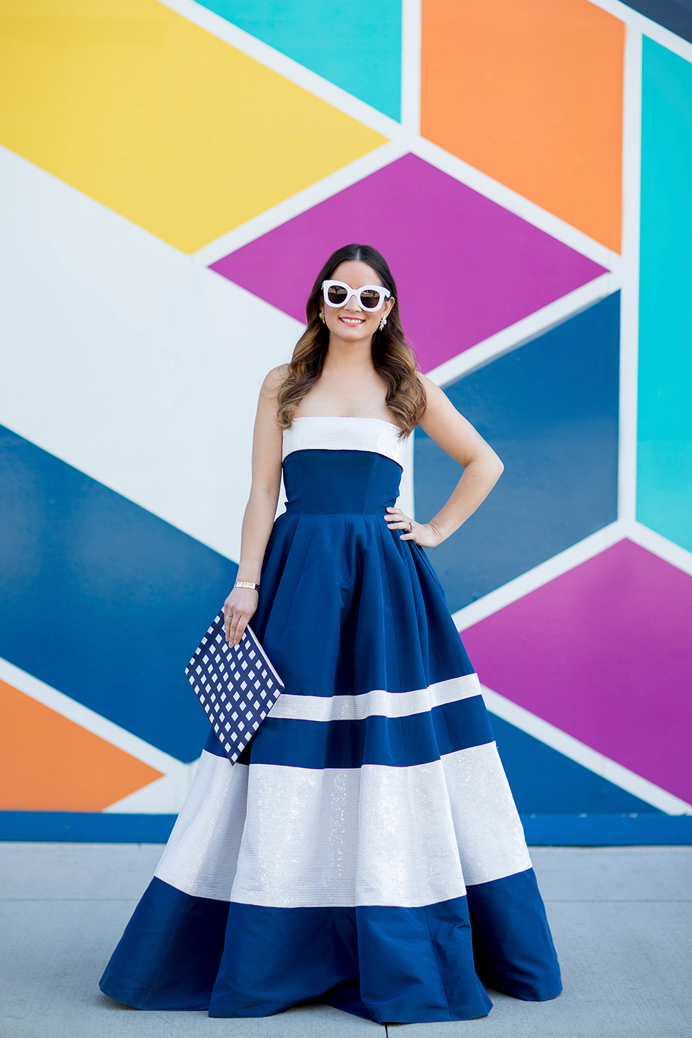 Carolina Herrera Navy White Sequin Ball Gown