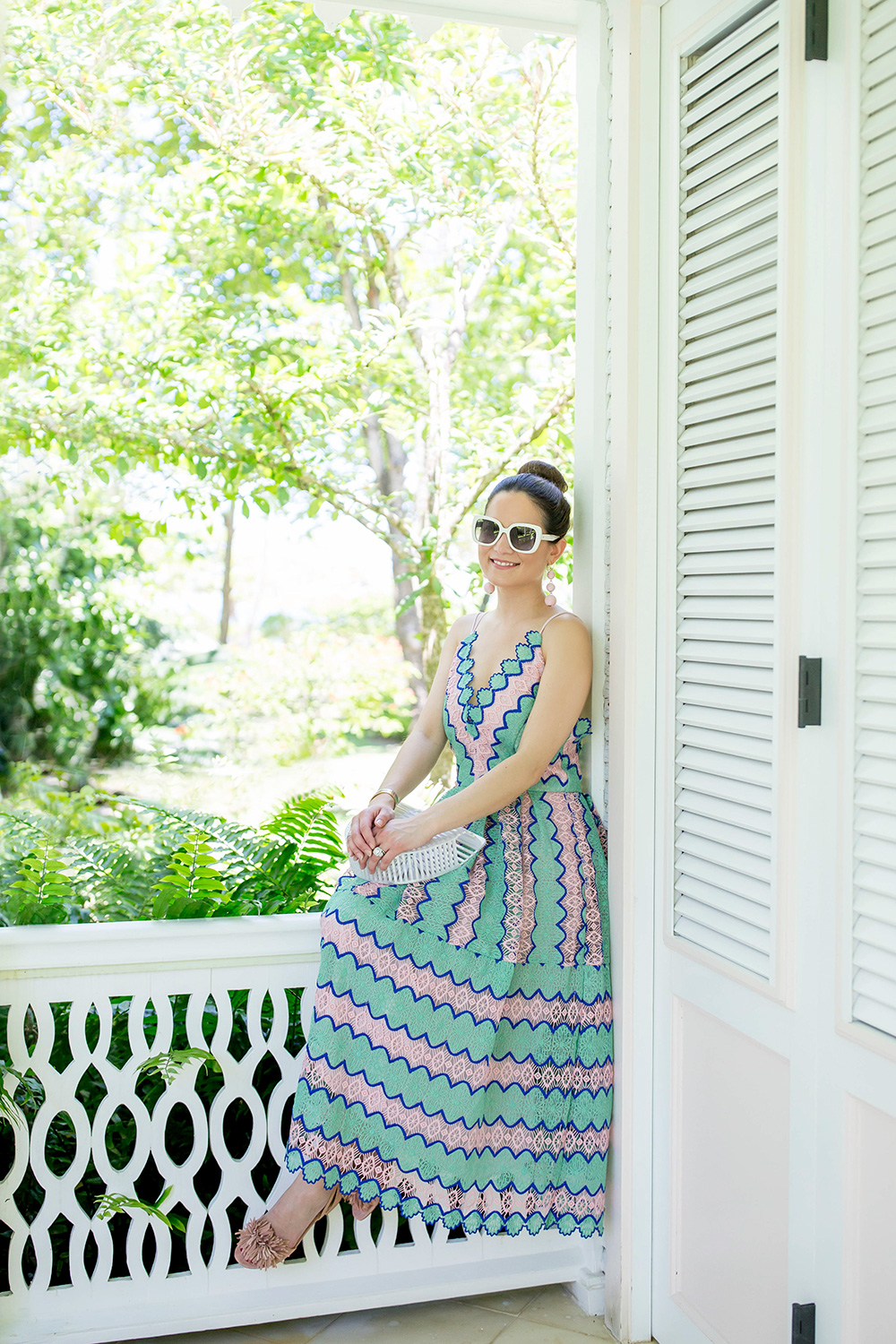 Green Pink Scallop Lace Midi Dress