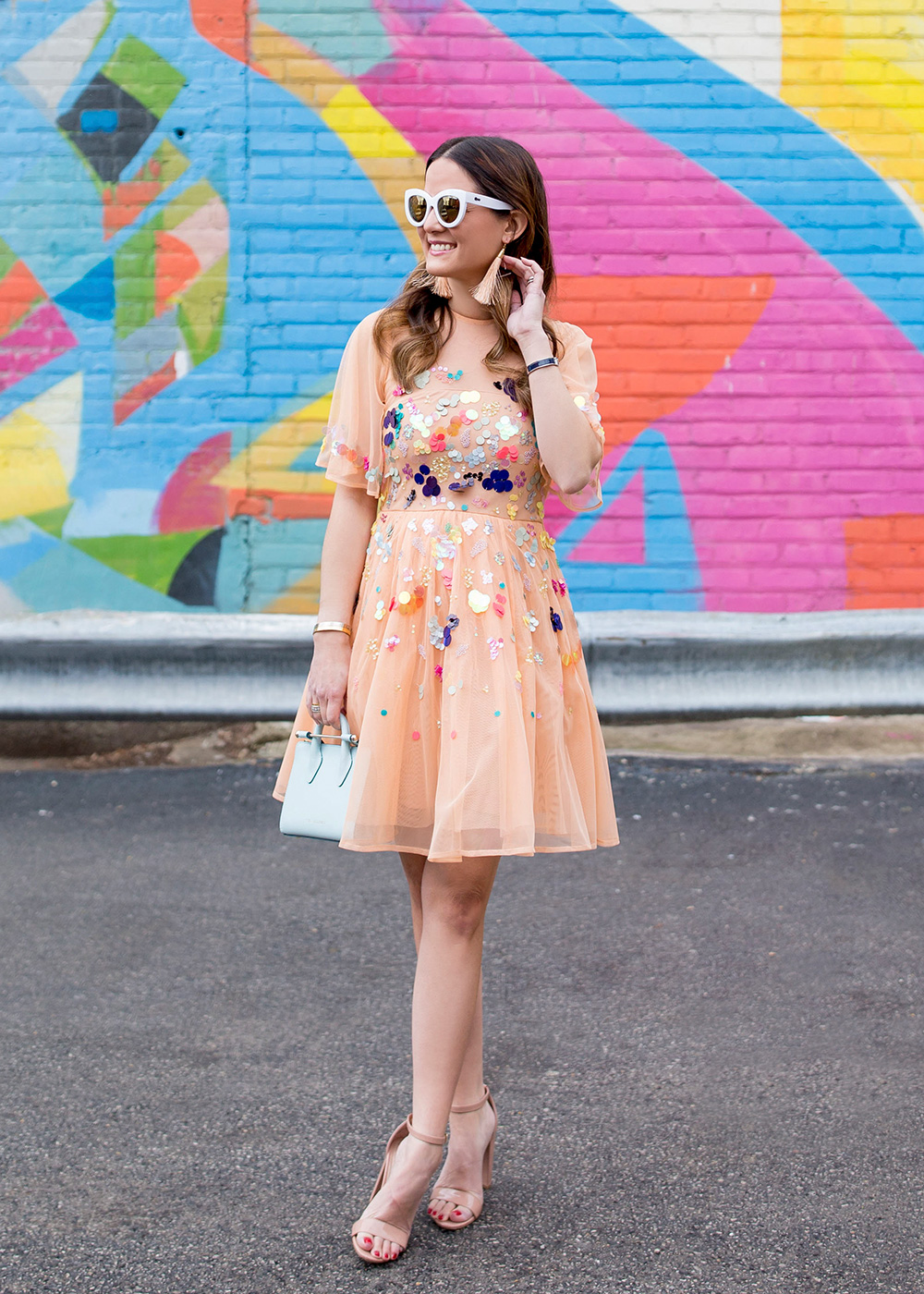Peach Mesh Sequin Mini Dress
