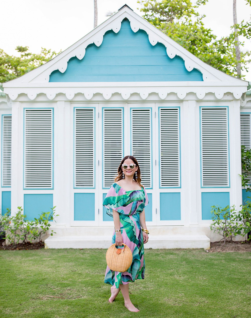 Pink Green Palm Print Midi Dress