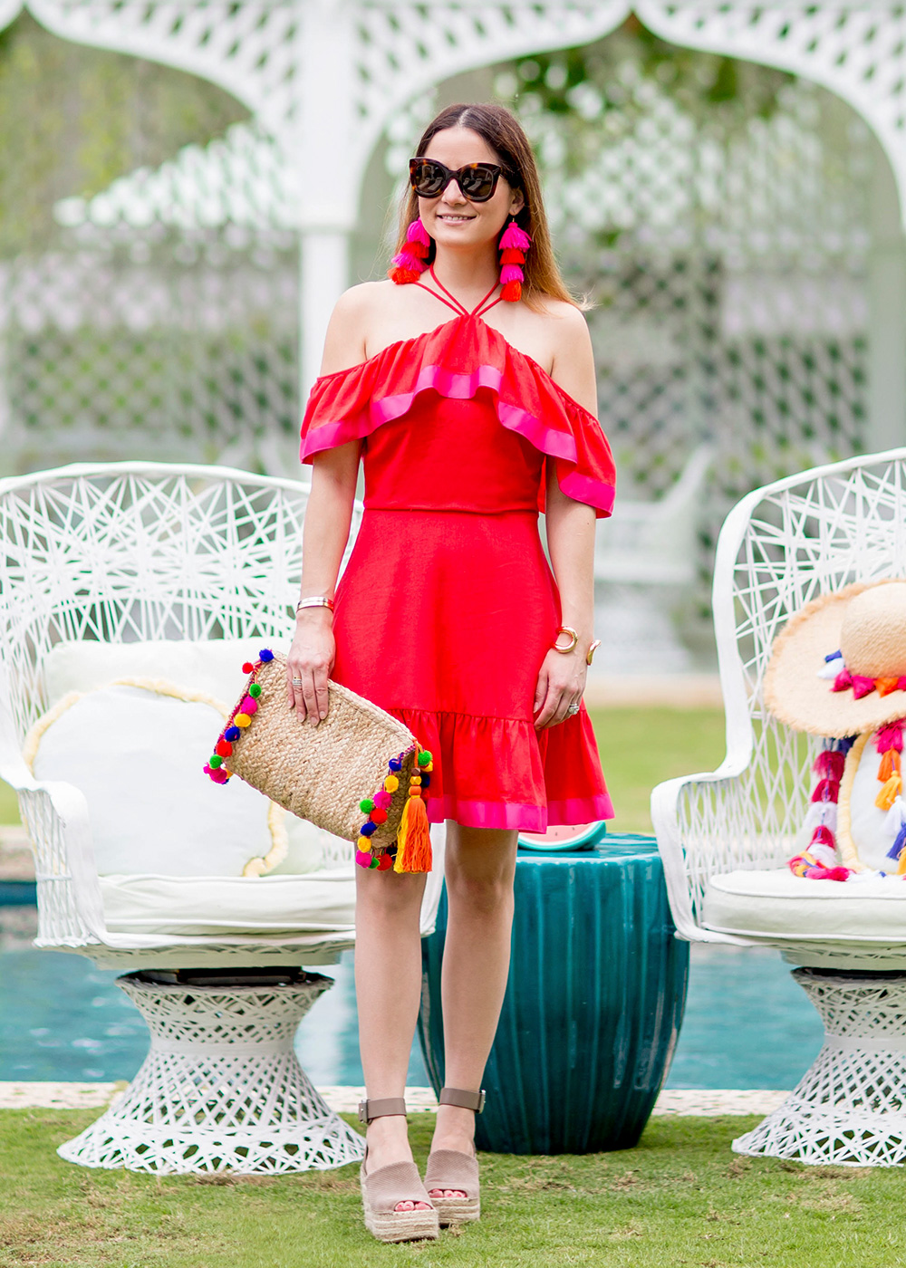 Red Pink Ruffle Cold Shoulder Dress