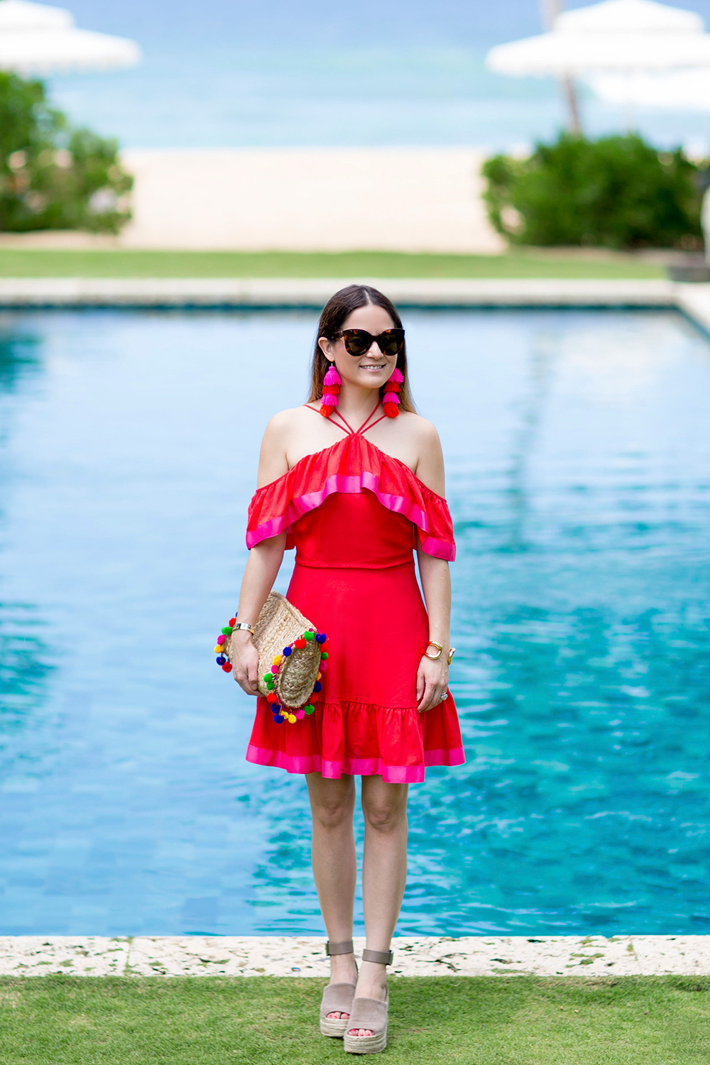 Red Pink Ruffle Halter Dress