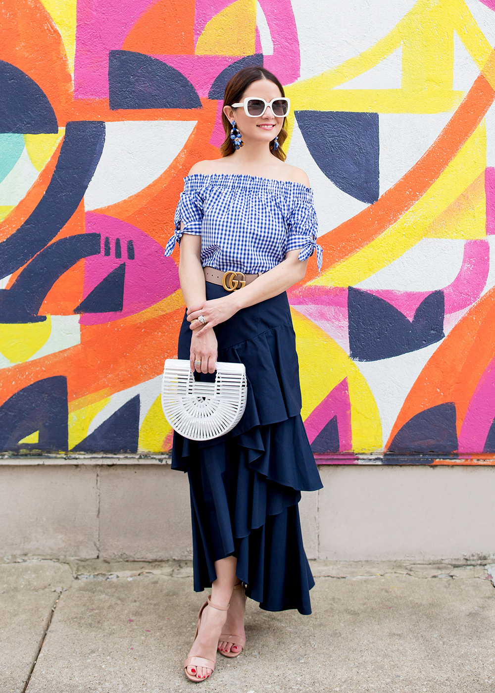 Navy Off Shoulder Gingham Top