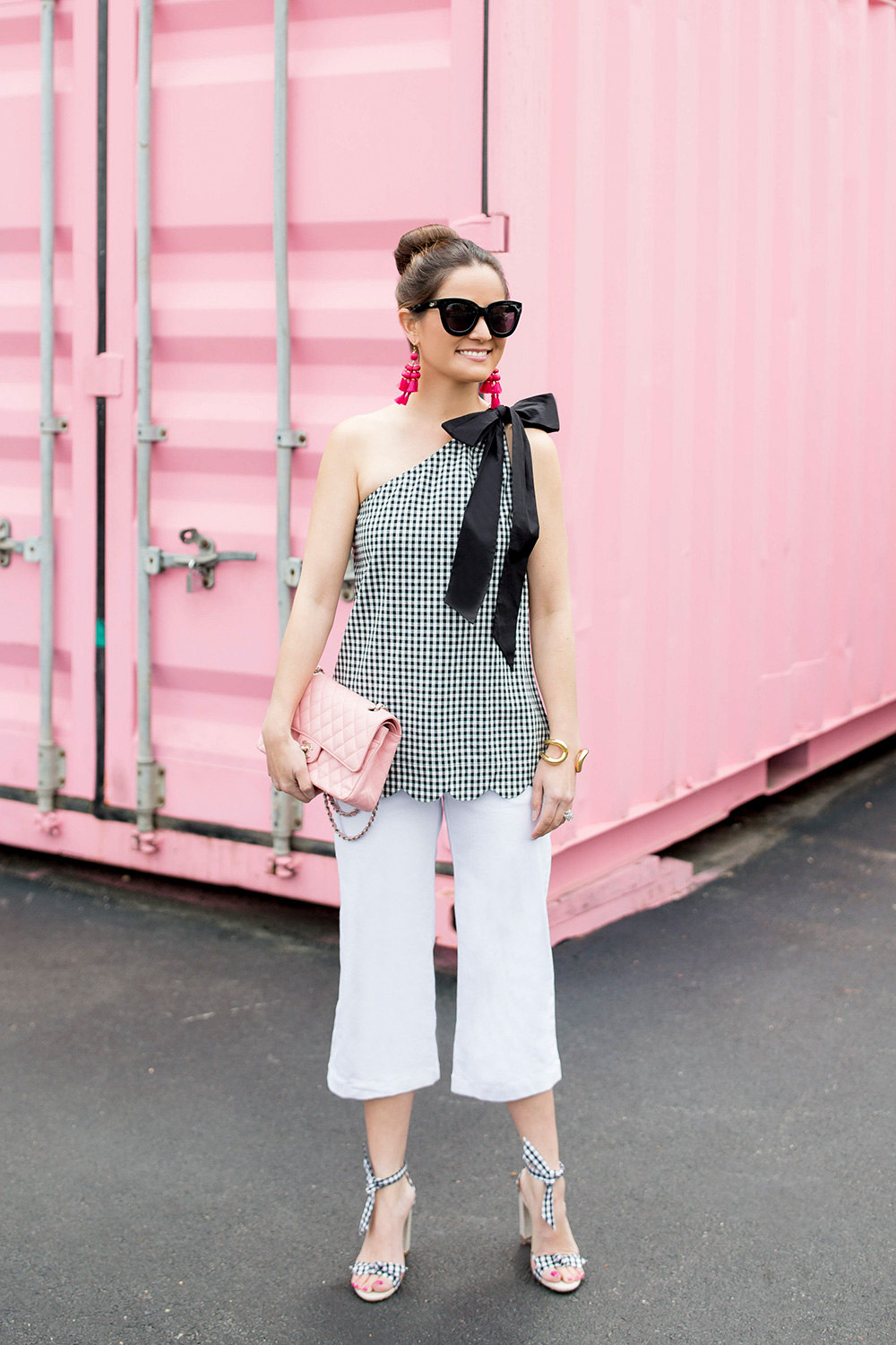 Black Gingham Scallop One Shoulder Top