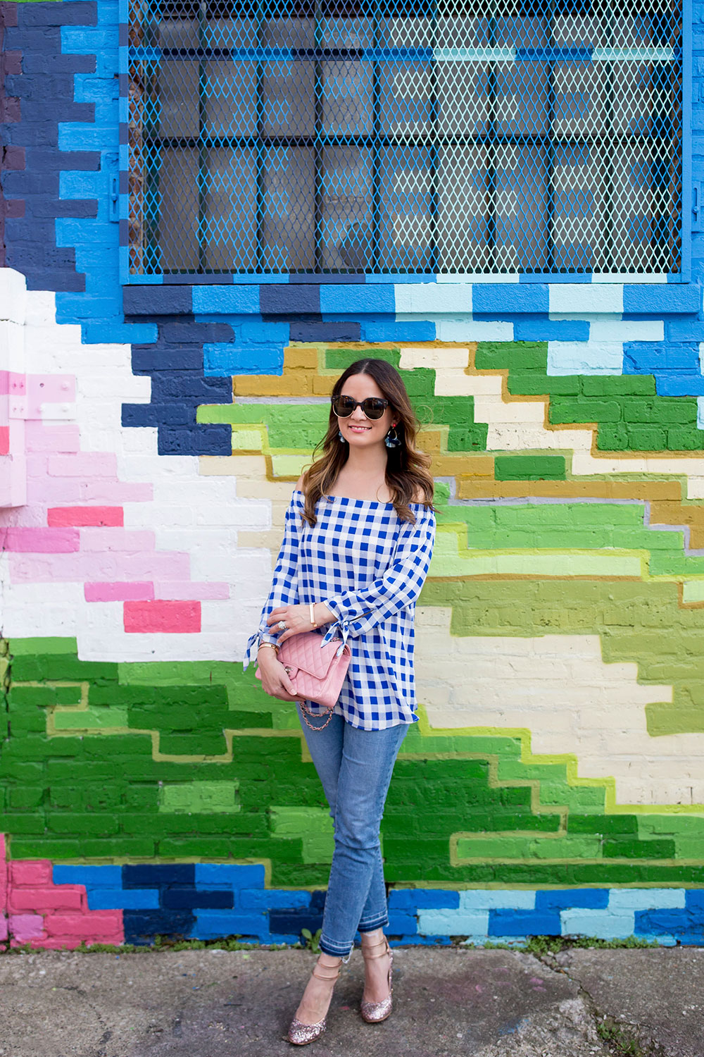 Blue Check Off Shoulder Top