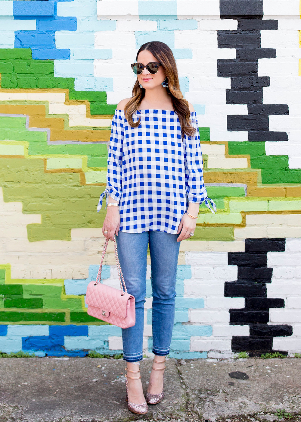 Blue Gingham Off Shoulder Top