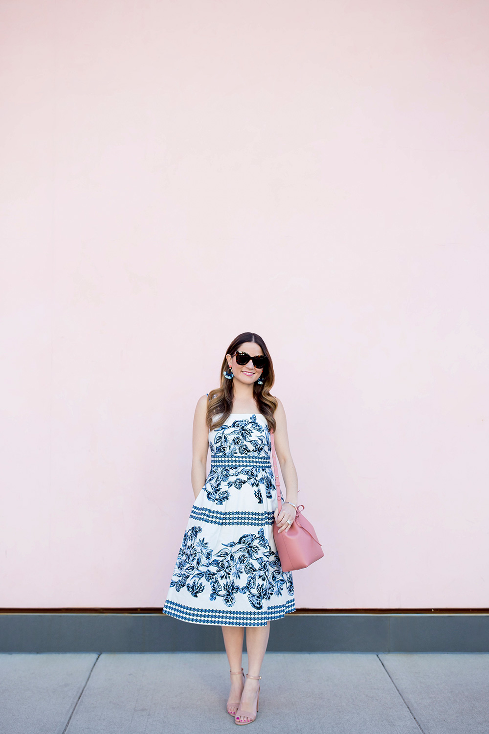 blue and white fit and flare dress