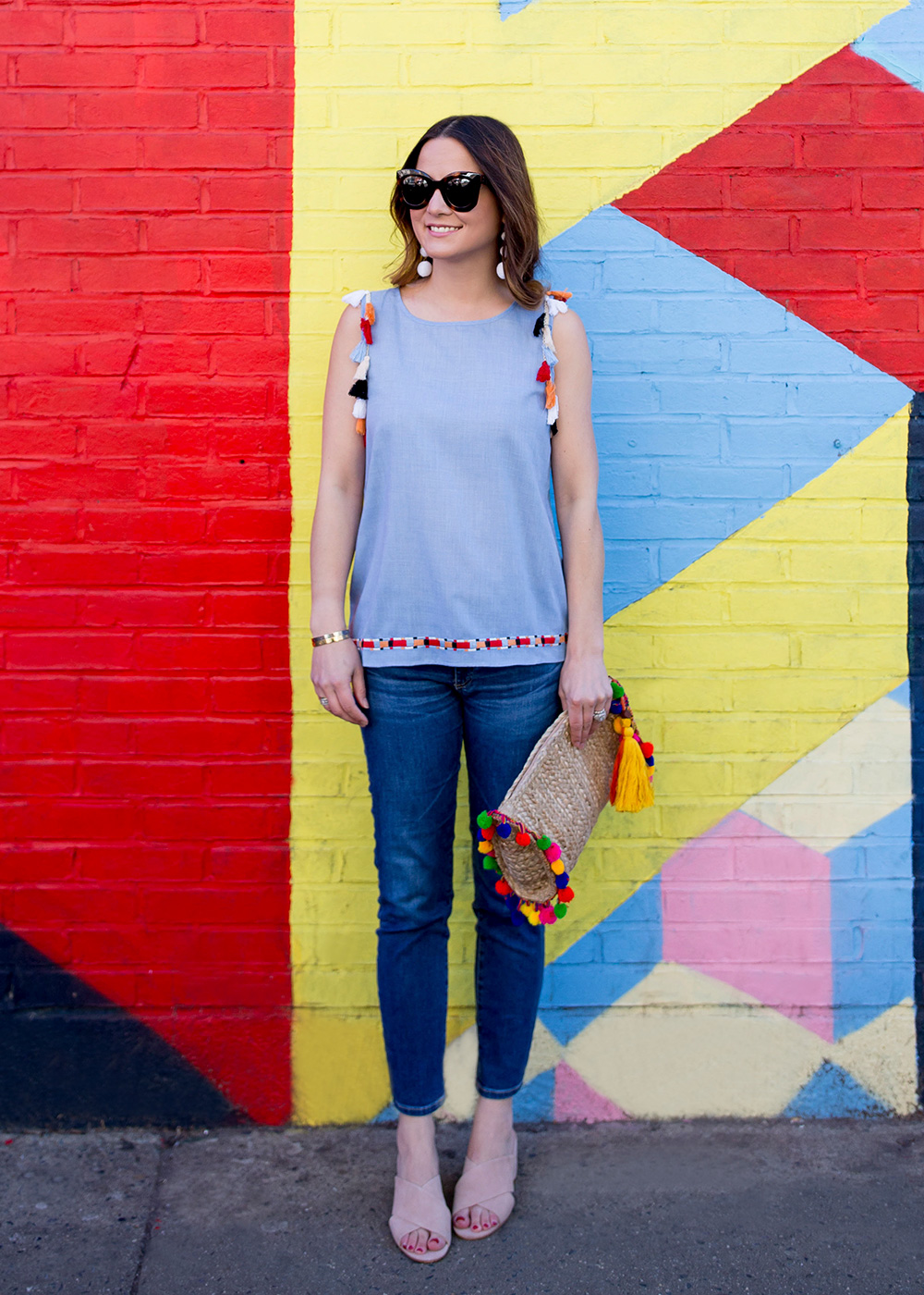 Colorful Tassel Trim Blue Top