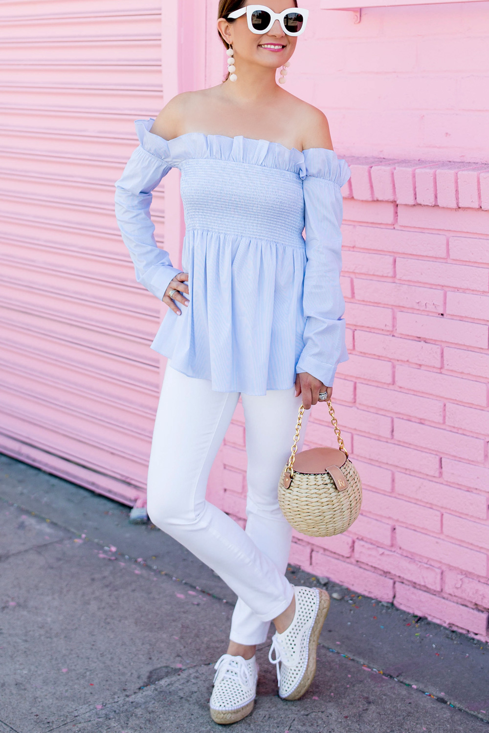 Blue Stripe Off Shoulder Ruffle Top