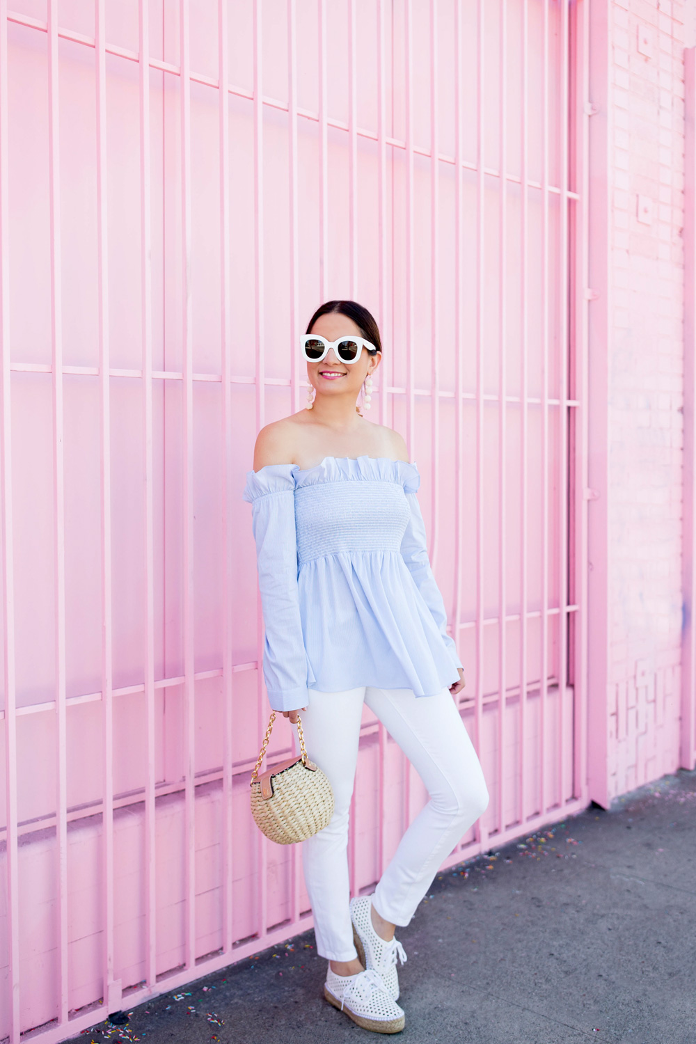 Blue Stripe Ruffle Long Sleeve Off Shoulder Top